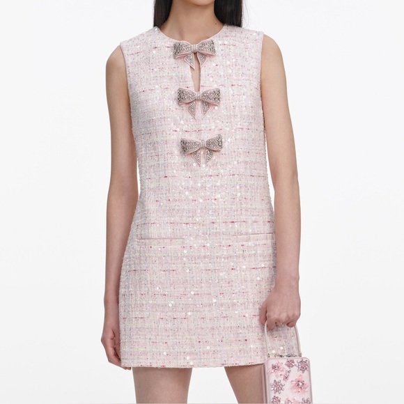 Self portrait PINK SEQUIN BOUCLE BOW MINI DRESS $650 NWT - Picture 4 of 8